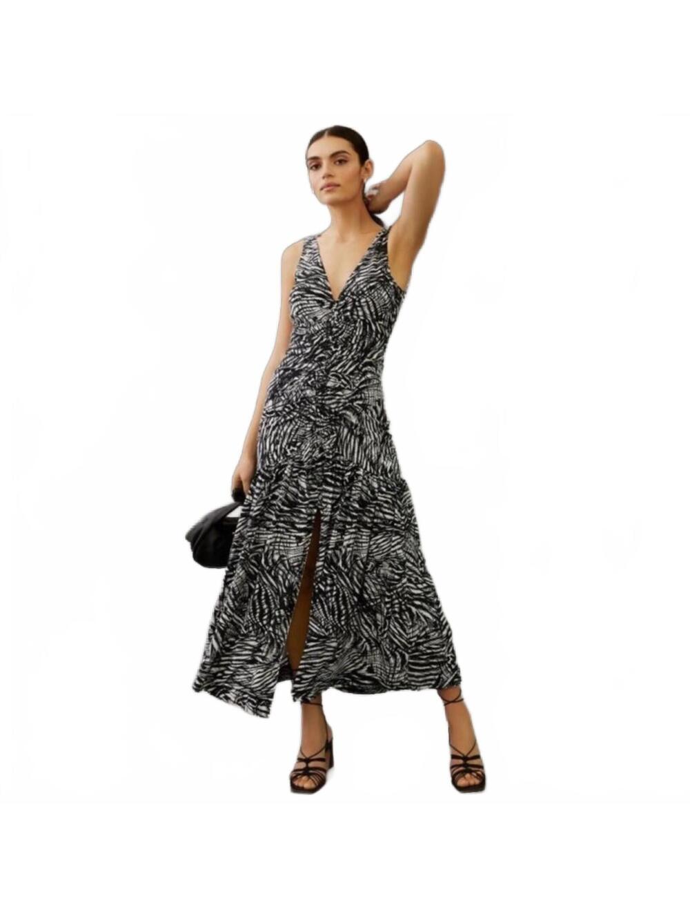 Anthropologie V-Neck Ruched Front Maxi Dress  black white zebra print Sz6 #1267